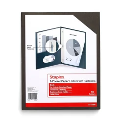 Staples 10% Recycled Smooth 2-Pocket Paper Presentation Folder with Fasteners, Black, 10/Pack (13386-US)