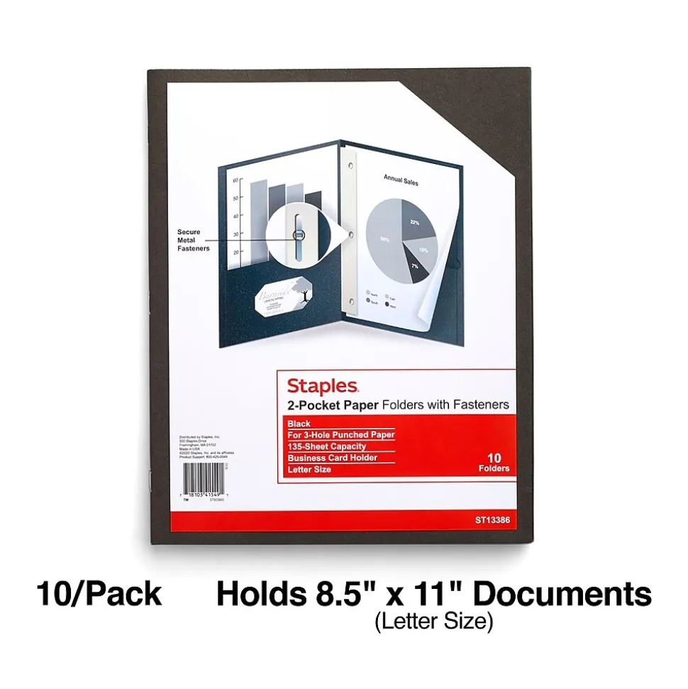 Staples 10% Recycled Smooth 2-Pocket Paper Presentation Folder with Fasteners, Black, 10/Pack (13386-US)