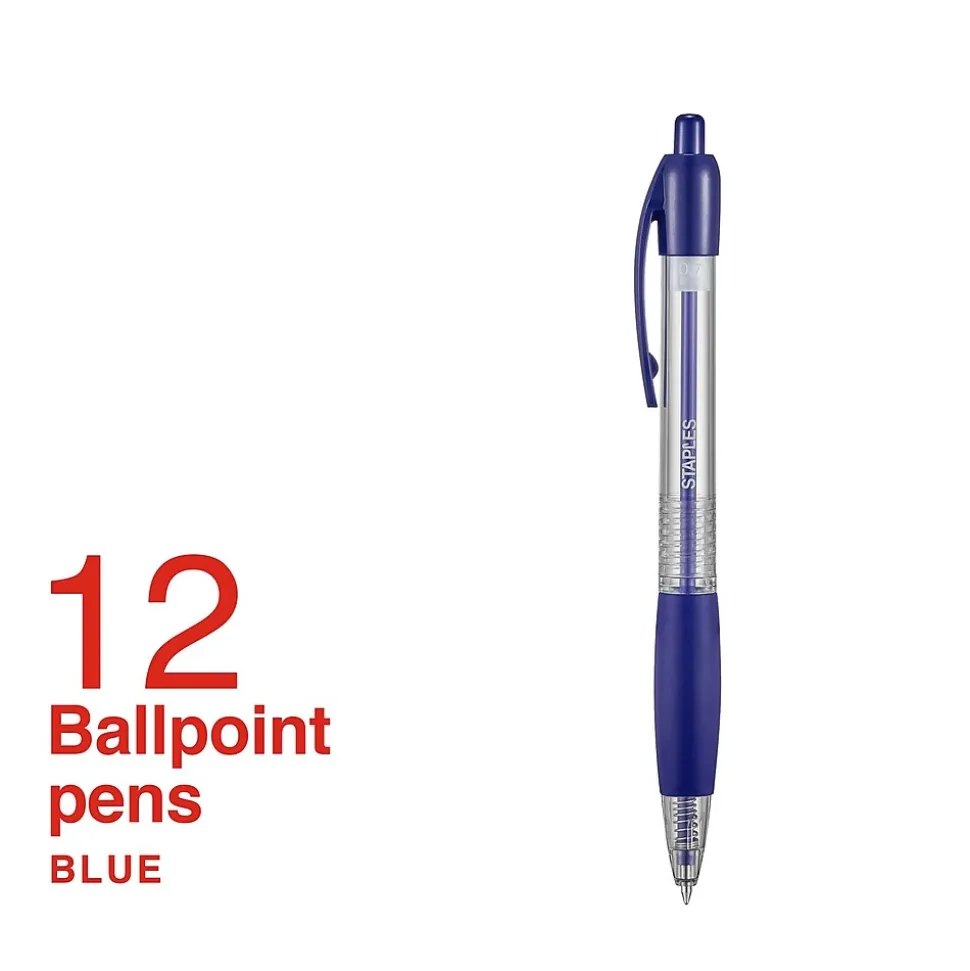 Staples Ballpoint Retractable Pens, Fine Point, Blue Ink, Dozen (50788)