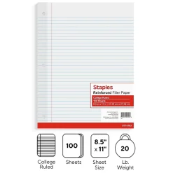 Staples College Ruled Filler Paper, 8.5" x 11", 100 Sheets/Pack (TR16183)