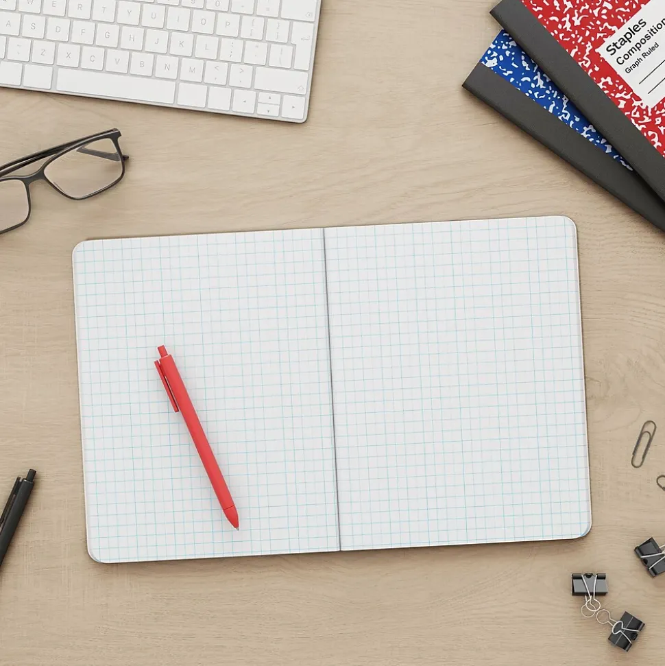 Staples Composition Notebook, 7.5" x 9.75", Graph Ruled, 80 Sheets, Red/White (ST55069)