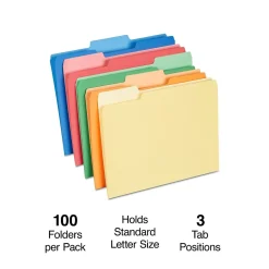 Staples File Folders, 1/3-Cut Tab, Letter Size, Assorted, 100/Box (ST378995-CC)