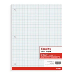 Staples® Graph Ruled Filler Paper, 8" x 10.5", 3-Hole Punched, White, 80 Sheets/Pack (ST40476B)