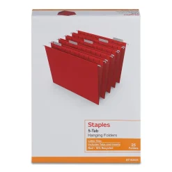 Staples® Hanging File Folders, 1/5-Cut Tab, Letter Size, Red, 25/Box (ST163535-CC)