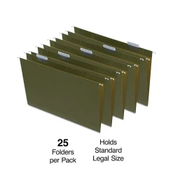 Staples Heavy Duty Box Bottom Hanging File Folder, 2" Expansion, 1/5-Cut Tab, Legal Size, Standard Green, 25/Box