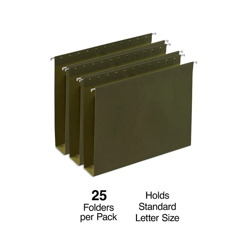 Staples Heavy Duty Box-Bottom Hanging File Folders, 2" Expansion, 1/5-Cut Tab, Letter Size, Green, 25/Box (ST117515)