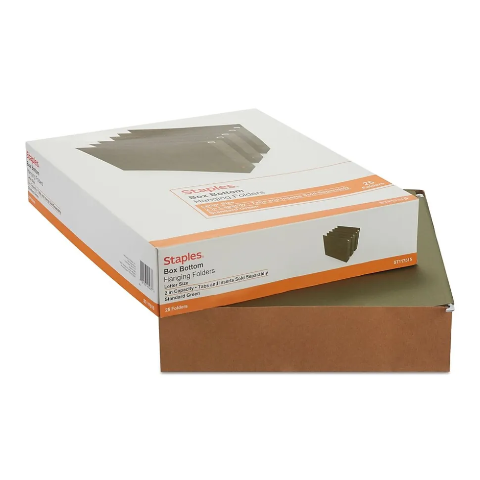 Staples Heavy Duty Box-Bottom Hanging File Folders, 2" Expansion, 1/5-Cut Tab, Letter Size, Green, 25/Box (ST117515)