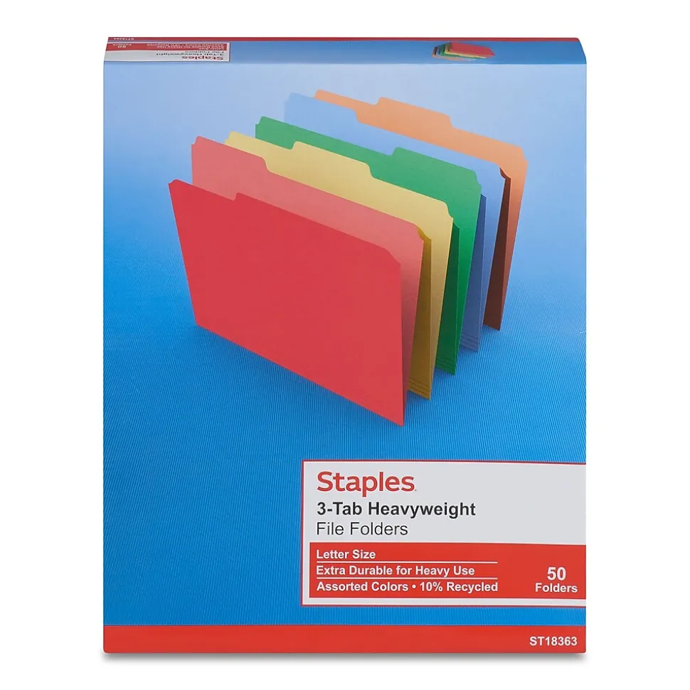 Staples Heavyweight File Folders, 1/3-Cut Tab, Letter Size, Assorted Colors, 50/Box (ST18363-CC)