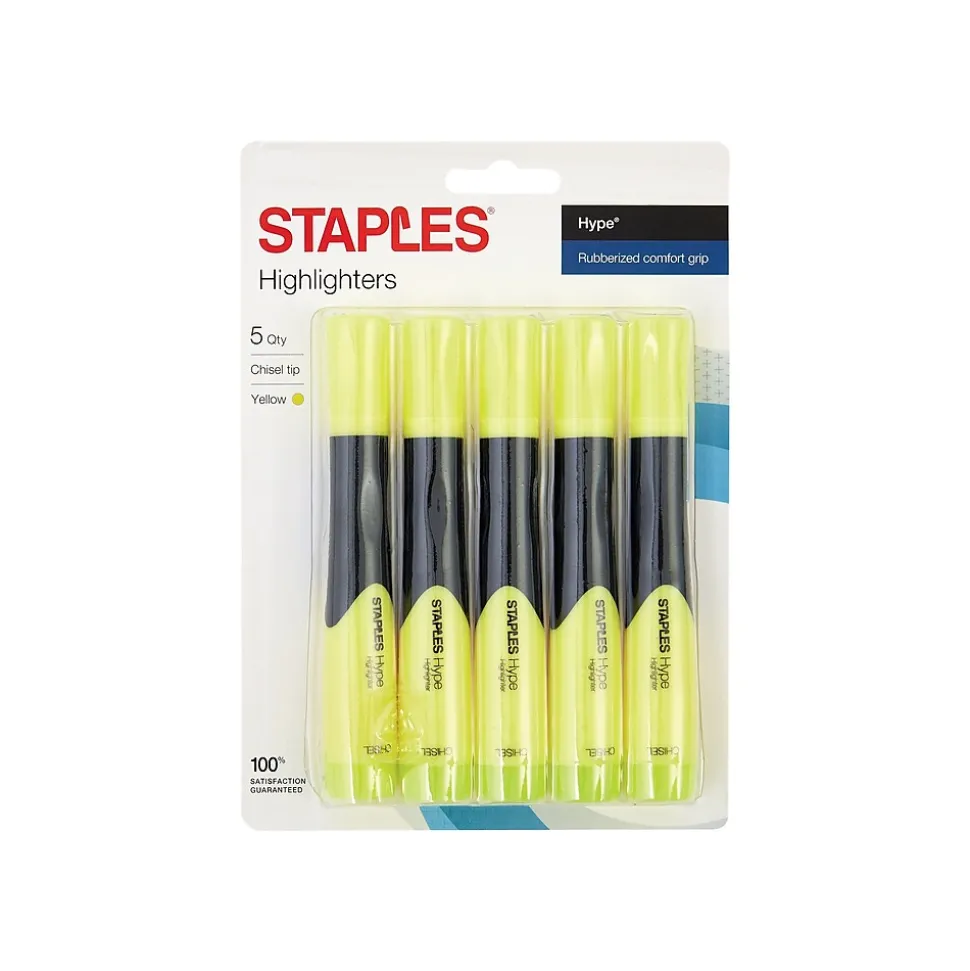 Staples Hype Tank Highlighters, Chisel Tip, Yellow, 5/Pack (29219)