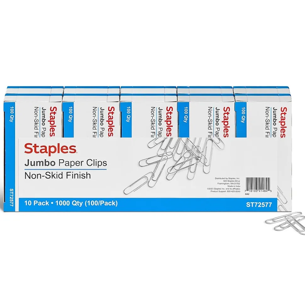 Staples Jumbo Paper Clips, Silver, 1000 Clips/Pack, 10/Pack(A7026606/72577)