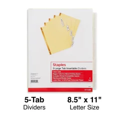 Staples Large Tab Insertable Paper Dividers, Clear 5 Tab, Buff (13486/11110)