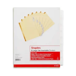 Staples Large Tab Insertable Paper Divider, 8 Tabs, Buff with Clear Tabs, 1 Set (18934/11112)