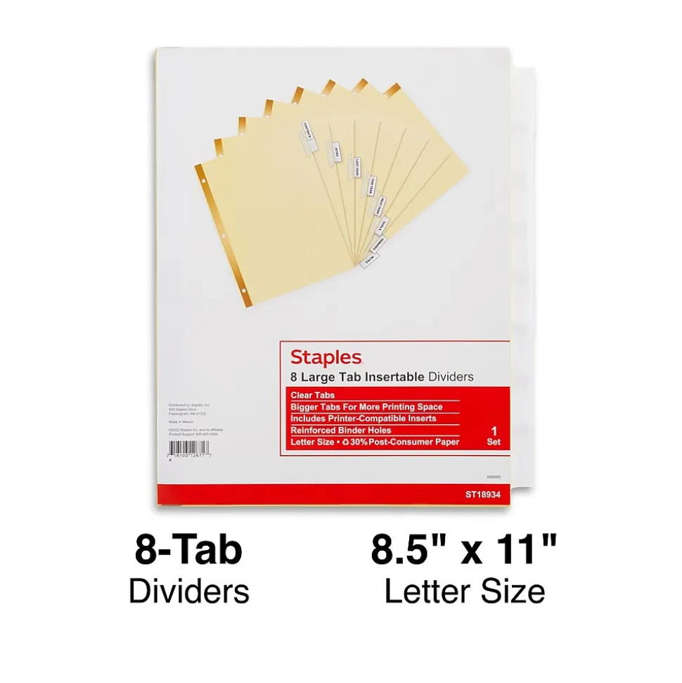 Staples Large Tab Insertable Paper Divider, 8 Tabs, Buff with Clear Tabs, 1 Set (18934/11112)