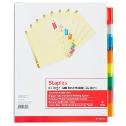 Staples Large Tab Insertable Paper Divider, 8 Tabs, Buff with Assorted-Color Tabs, 4 Sets (13517/14483)