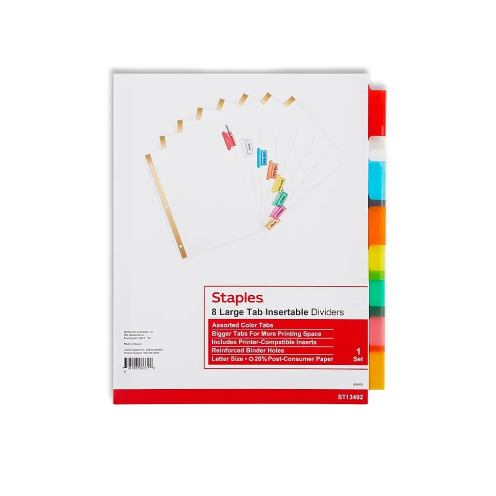 Staples Large Tab Insertable Dividers, 8-Tab, Assorted Colors (13492/11123)