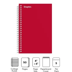 Staples Memo Pad, 4" x 6", College Ruled, Assorted Colors, 50 Sheets/Pad, 5 Pads/Pack (ST11495N)