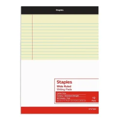 Staples® Notepad, 8.5" x 11.75", Wide Ruled, Canary, 50 Sheets/Pad, 72 Pads/Carton (SBG26839CT)