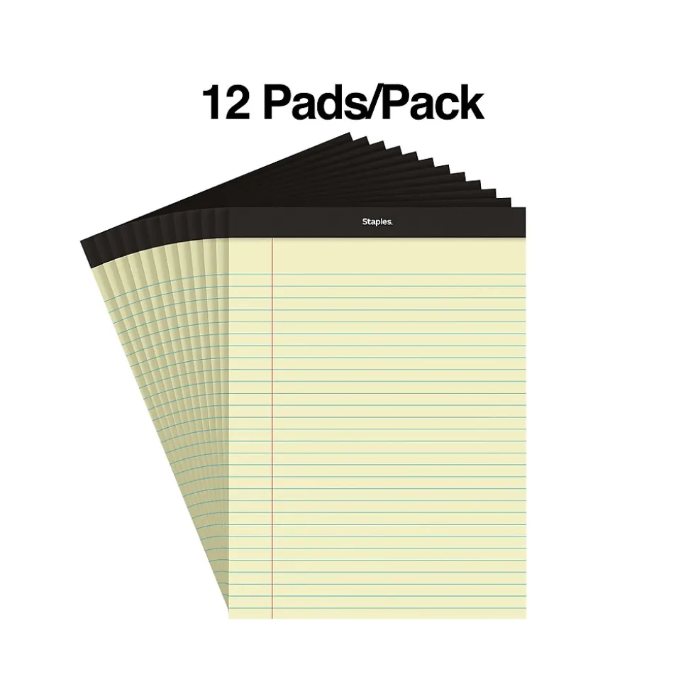 Staples Notepads, 8.5" x 11.75", Wide Ruled, Canary, 50 Sheets/Pad, Dozen (ST57300)