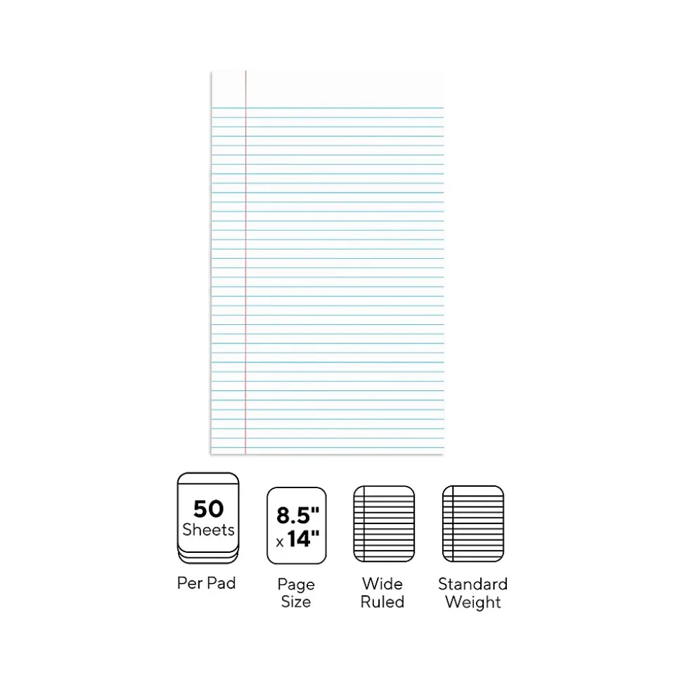 Staples Notepads, 8.5" x 14", Wide Ruled, White, 50 Sheets/Pad, Dozen Pads/Pack (ST57335)