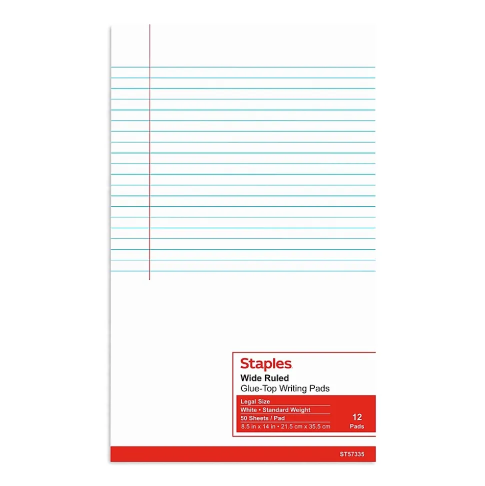 Staples Notepads, 8.5" x 14", Wide Ruled, White, 50 Sheets/Pad, Dozen Pads/Pack (ST57335)