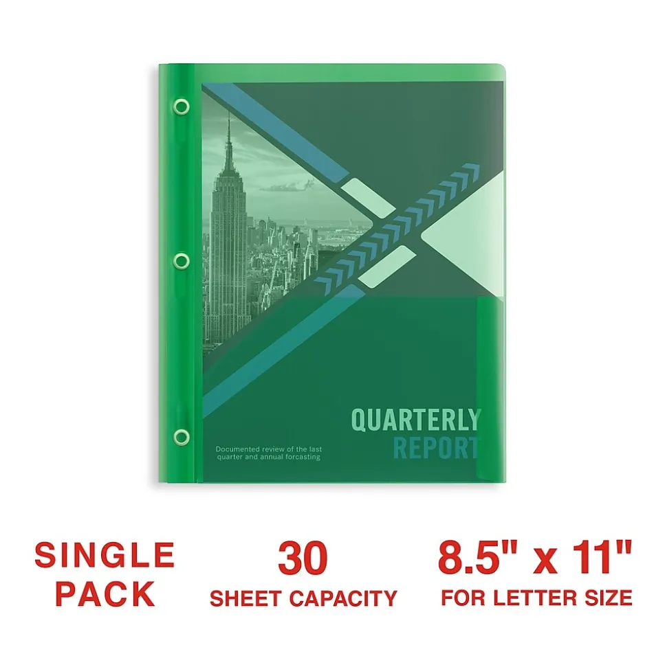 Staples 2-Pocket Plastic Presentation Folder with Fasteners, Green (ST26388-CC)