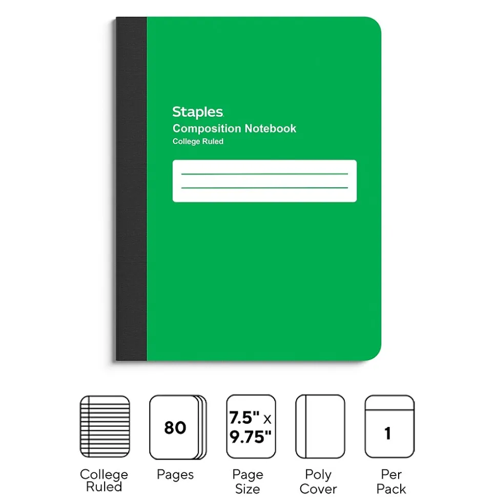 Staples Poly Composition Notebook, 7.5" x 9.75", College Ruled, 80 Sheets, Green (ST55079)