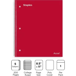 Staples Premium Poly 5-Subject Notebook, 8.5" x 11", College Ruled, 200 Sheets, Red (ST58319)