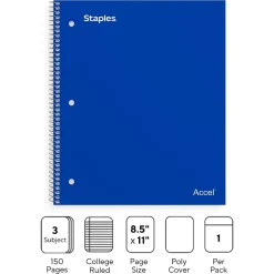 Staples Premium Poly 3-Subject Notebook, 8.5" x 11", College Ruled, 150 Sheets, Blue (ST58314)