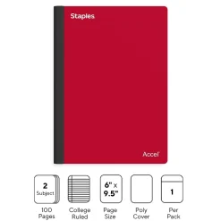 Staples Premium 2-Subject Notebook, 6" x 9.5", College Ruled, 100 Sheets, Red (TR58327)