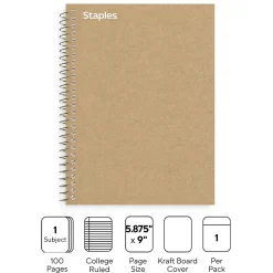 Staples Premium 1-Subject Notebook, 5.875" x 9", College Ruled, 100 Sheets, Brown (ST52120N)