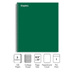 Staples® Premium 3-Subject Subject Notebooks, 8.5" x 11", College Ruled, 150 Sheets, Green (TR58362M-CC)