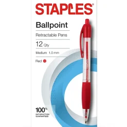 Staples Retractable Ballpoint Pens, Medium Point, Red Ink, Dozen (50792)