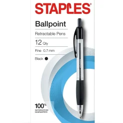 Staples® Retractable Ballpoint Pens, Fine Point, 0.7mm, Black Ink, Dozen (50786-CC)