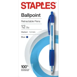 Staples® Retractable Ballpoint Pens, Medium Point, 1.0mm, Blue Ink, Dozen (50794-CC)