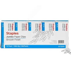 Staples Smooth Jumbo Paper Clips, Silver, 1000 Clips/Pack, 10/Pack(A7026605/72578)