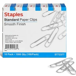Staples Smooth Paper Clips, Silver, 100 Clips/Pack, 10/Pack(A7026607/72377)