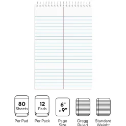 Staples Steno Pad, 6" x 9", Gregg Ruled, White, 80 Sheets/Pad, Dozen (ST57354/TR57354)