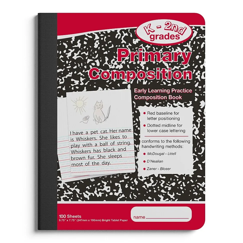 Staples 1-Subject Composition Notebooks, 7.5" x 9.75", Primary Ruled, 100 Sheets, Black/Red (42079C)