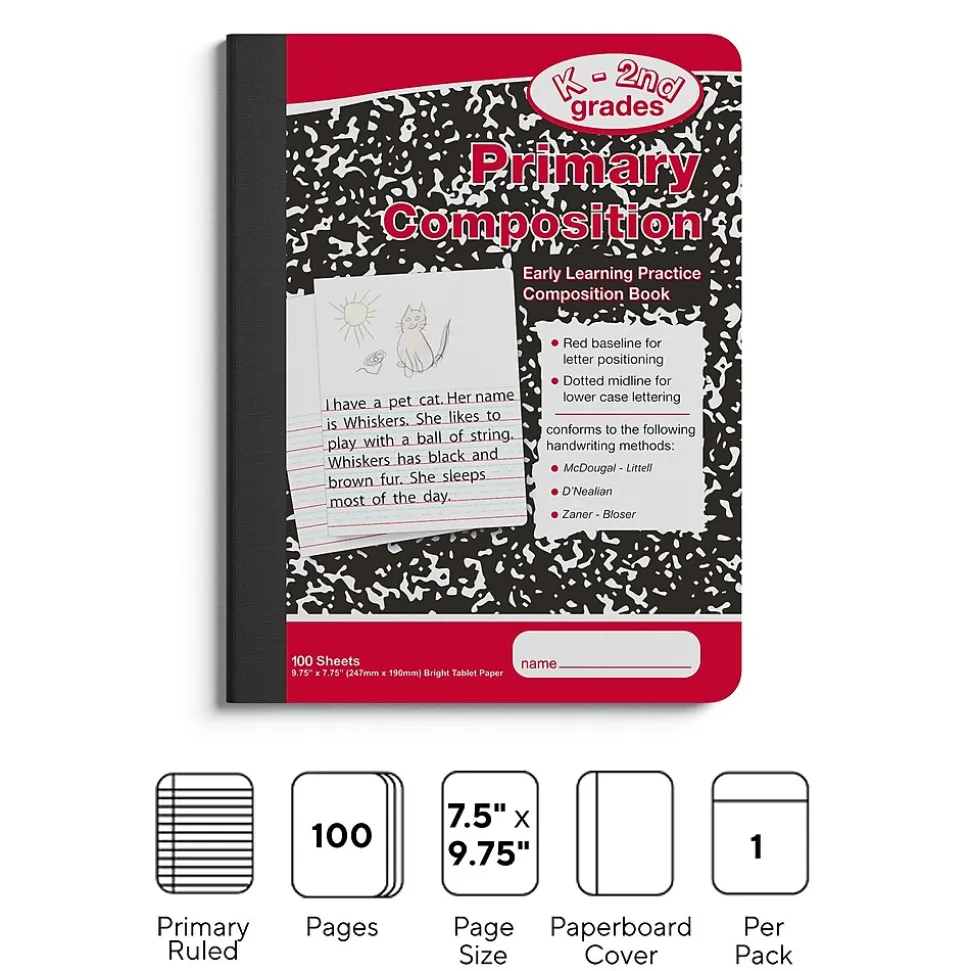 Staples 1-Subject Composition Notebooks, 7.5" x 9.75", Primary Ruled, 100 Sheets, Black/Red (42079C)