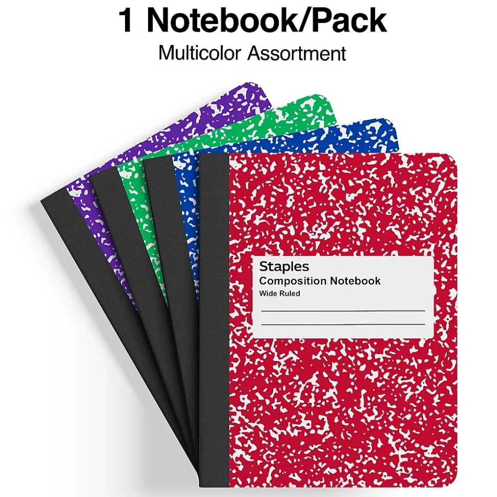 Staples 1-Subject Composition Notebooks, 7.5" x 9.75", Wide Ruled, 100 Sheets (ST55077C)