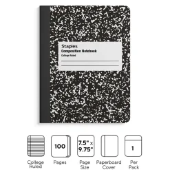 Staples 1-Subject Composition Notebook, 7.5" x 9.75", College Ruled, 100 Sheets, Black (ST55064C)