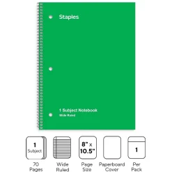 Staples 1-Subject Notebook, 8" x 10.5", Wide Ruled, 70 Sheets, Green (TR24006)