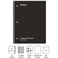 Staples 1-Subject Notebook, 8" x 10.5", College Ruled, 70 Sheets, Black (TR27499)