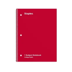Staples 1-Subject Notebook, 8" x 10.5", College Ruled, 70 Sheets, Red (TR27503)