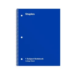Staples 1-Subject Notebook, 8" x 10.5", College Ruled, 70 Sheets, Blue (TR27500)