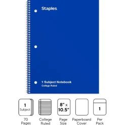 Staples 1-Subject Notebook, 8" x 10.5", College Ruled, 70 Sheets, Blue (TR27500)