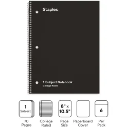 Staples 1-Subject Notebook, 8" x 10.5", College Ruled, 70 Sheets, Black, 6/Pack (TR58374)