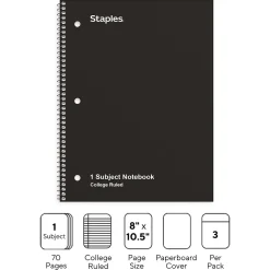 Staples 1-Subject Notebook, 8.5" x 10.5", College Ruled, 70 Sheets, Black, 3/Pack (ST58373)