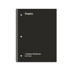 Staples 1-Subject Notebooks, 8" x 10.5", Wide Ruled, 70 Sheets, Black (ST24001C)