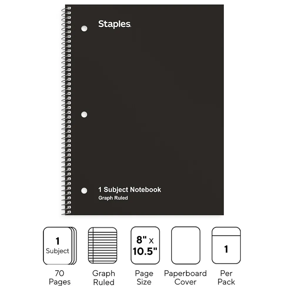 Staples 1-Subject Notebooks, 8" x 10.5", Graph Ruled, 70 Sheets, Black (ST23986C)